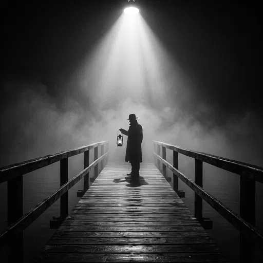 Silhouette With Lantern On Foggy Pier