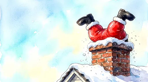 Watercolor Santa Stuck in Brick Chimney