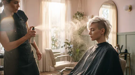 Stylist Spraying Platinum Undercut in Sunlit Salon