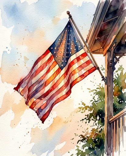 Watercolor American Flag on Porch