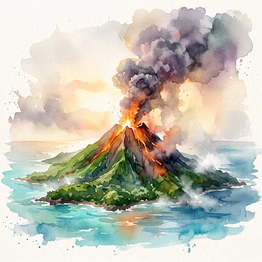 Watercolor Erupting Island Volcano Illustration