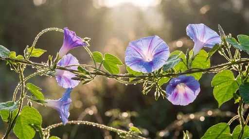 Backlit Morning Glory Vine with Dewdrops