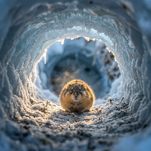 Plump Lemming Inside Frosted Ice Tunnel
