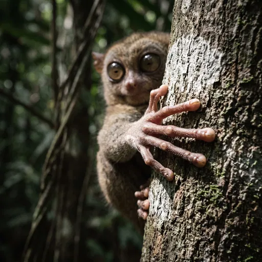 Tarsier Gripping Tree Bark Close-Up