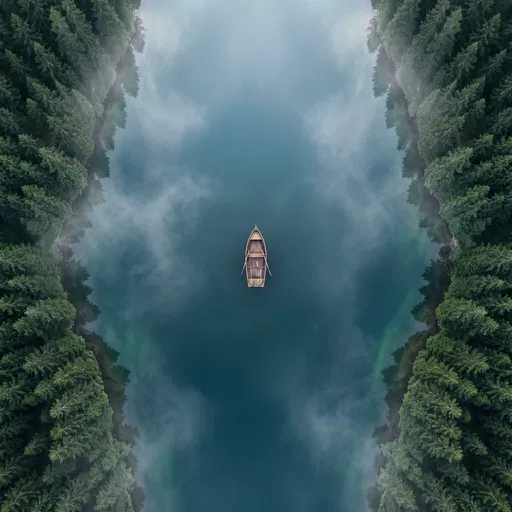 Aerial View of Rowboat on Misty Lake