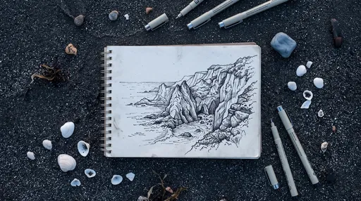 Coastal Cliff Ink Sketch on Black Sand