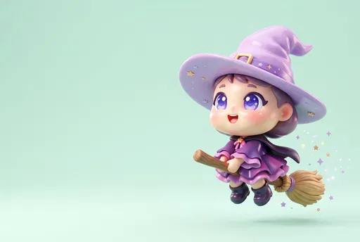 Cute 3D Chibi Witch on Broomstick