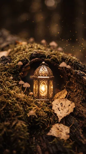 Glowing Miniature Lantern in Mossy Log