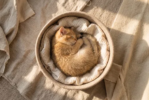 Golden Kitten Sleeping in Beige Basket