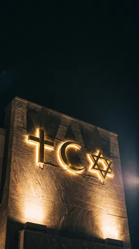Illuminated Interfaith Symbols on Stone Wall