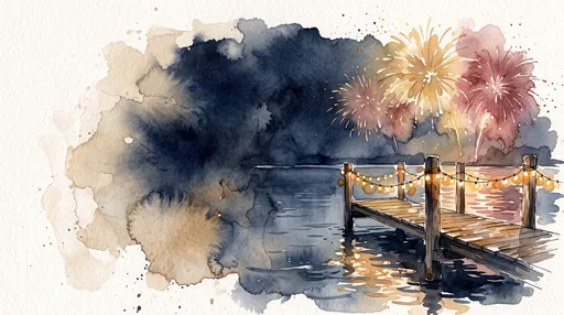 Watercolor Lakeside Dock With Night Fireworks