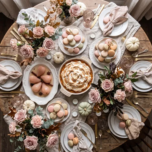 Overhead Pastel Thanksgiving Dessert Table