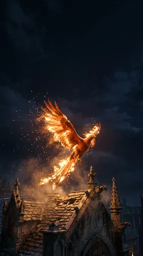 Fiery Phoenix Rising Over Gothic Rooftop