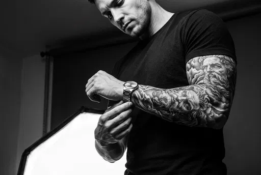 Man With Mythology Sleeve Tattoo Adjusting Watch