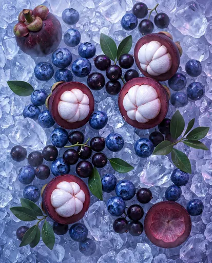 Mangosteens and Berries on Crushed Ice