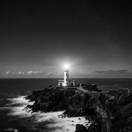 Monochrome Lighthouse on Volcanic Cliffs at Night