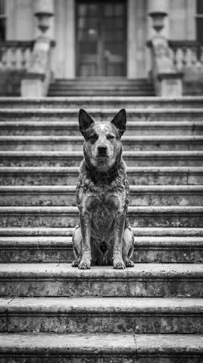 Monochrome Cattle Dog on Stone Steps