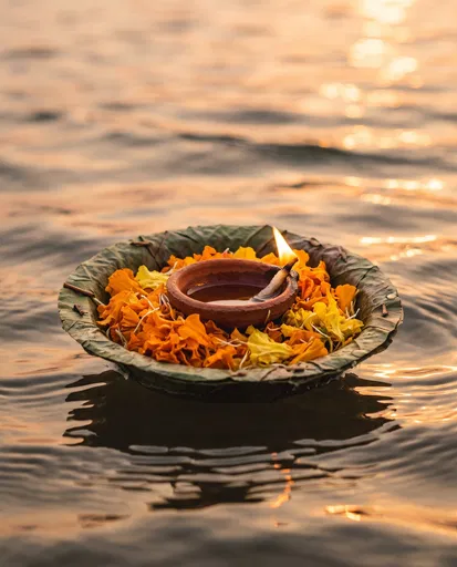 Floating Clay Diya on River at Sunset