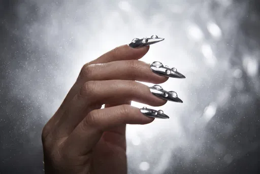 Silver Chrome Stiletto Nails Macro