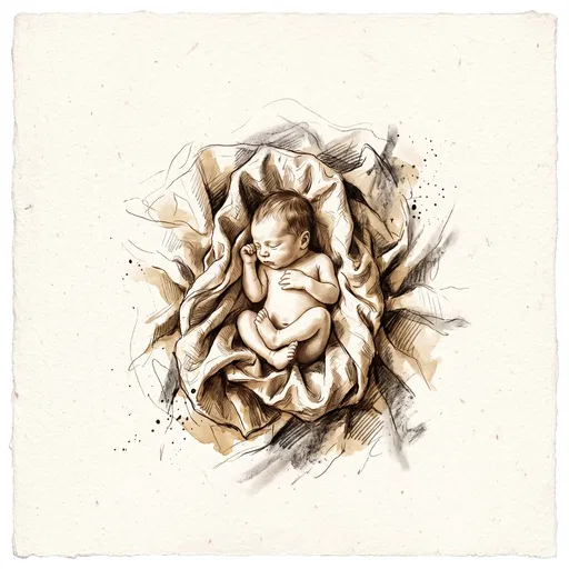 Sepia Charcoal Drawing of Sleeping Newborn