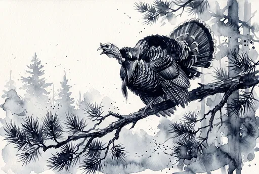 Indigo Watercolor Wild Turkey on Pine Branch