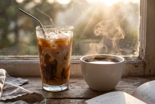 Iced and Hot Coffee on Sunny Windowsill