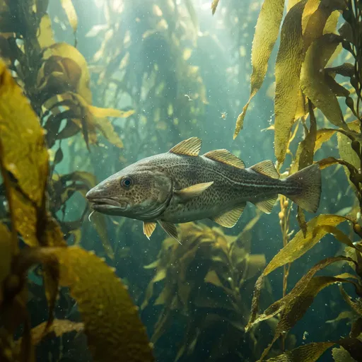 Atlantic Cod Swimming in Kelp Forest