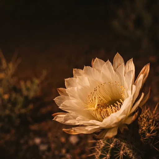 Blooming White Cactus Flower at Night