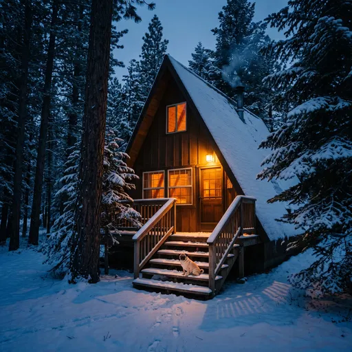 Pug on Snowy A-Frame Cabin Steps