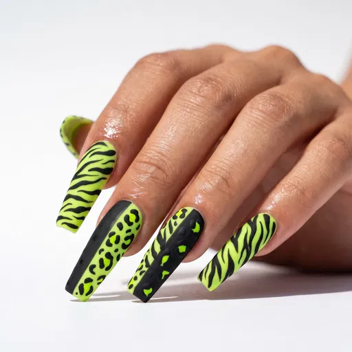 Neon Green and Black Animal Print Nails