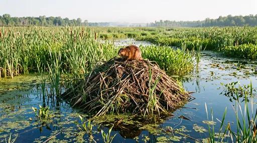 Muskrat Perched on Marsh Lodge in Sunlight