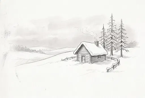Pencil Sketch of Snowy Log Cabin