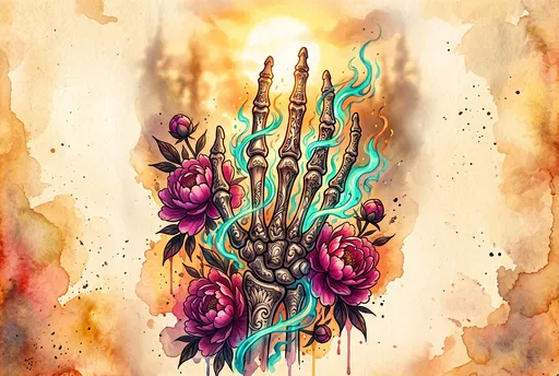 Watercolor Skeletal Hand With Magenta Peonies