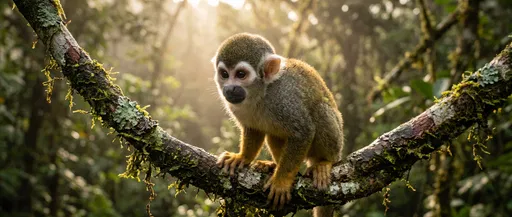 Squirrel Monkey on Mossy Rainforest Branch