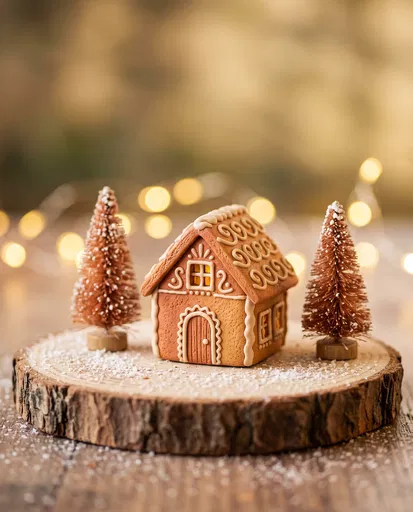 Miniature Gingerbread Cottage on Rustic Wood Slice
