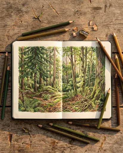 Forest Colored Pencil Drawing in Sketchbook