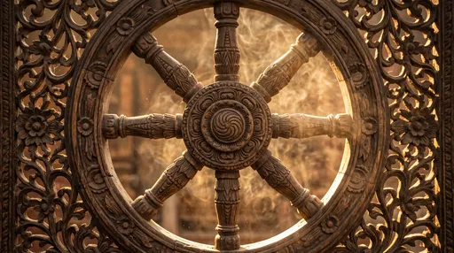 Carved Wooden Dharmachakra Wheel in Sunlight
