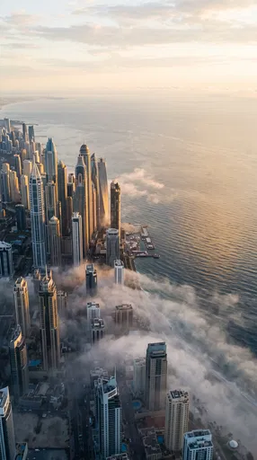 Aerial Sunrise Over Misty Coastal Skyscrapers