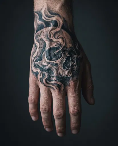 Skull and Smoke Hand Tattoo Close-Up