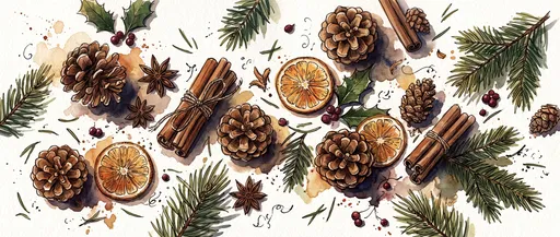 Watercolor Christmas Botanicals Flat Lay Illustration