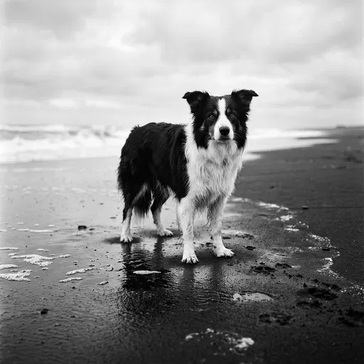 Border Collie on Wet Black Sand Beach