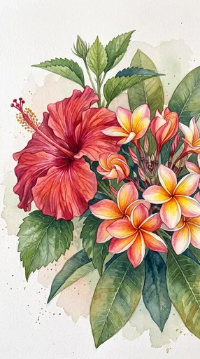 Watercolor Red Hibiscus and Plumeria Illustration