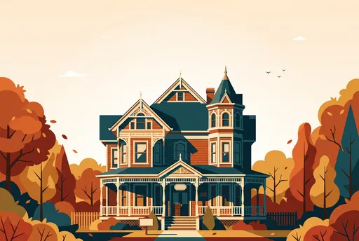 Victorian House in Autumn Vector Illustration
