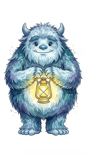 Watercolor Yeti Holding Glowing Lantern