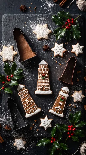 Festive Gingerbread Lighthouse Cookies Flat Lay