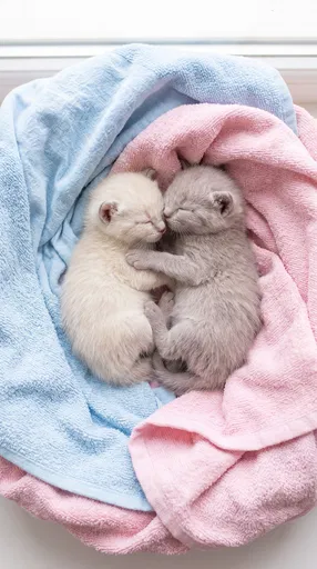 Two Kittens Sleeping in Pastel Towels