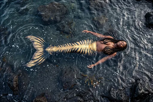 Black Mermaid Floating in Dark Cove