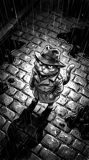 Noir Detective Cat in Rain