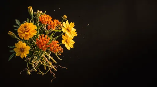 Floating Orange and Yellow Wildflowers on Black