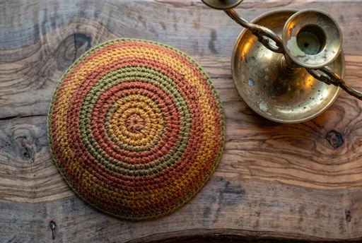 Crocheted Kippah and Brass Candlestick on Wood
